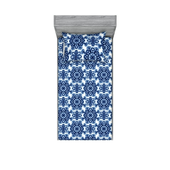 Floral Design Fitted Sheet & Pillow Sham Set, Christmas Colors Snowflake Look Flowers Boho Pattern Neutral Art, Decorative Printed 2 Piece Bedding Decor, Twinxl, Dark Lavender Soft Blue, by Ambesonne