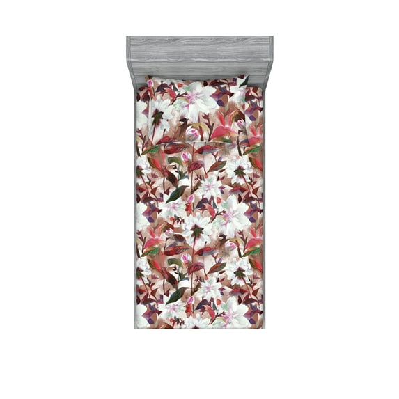 Floral Design Fitted Sheet & Pillow Sham Set, Colorful Dreamy Silhouettes of Tropical Flowers with Leaves, Decorative Printed 2 Piece Bedding Decor, Twin, Dark Coral Cocoa Hot Pink, by Ambesonne