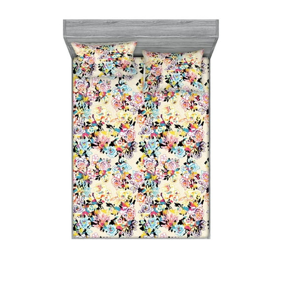 Floral Design Fitted Sheet & Pillow Sham Set, Colorful Design Outline Style Pattern of Blooming Roses Print, Decorative Printed 3 Piece Bedding Decor, King, Petrol Blue Pale Yellow, by Ambesonne