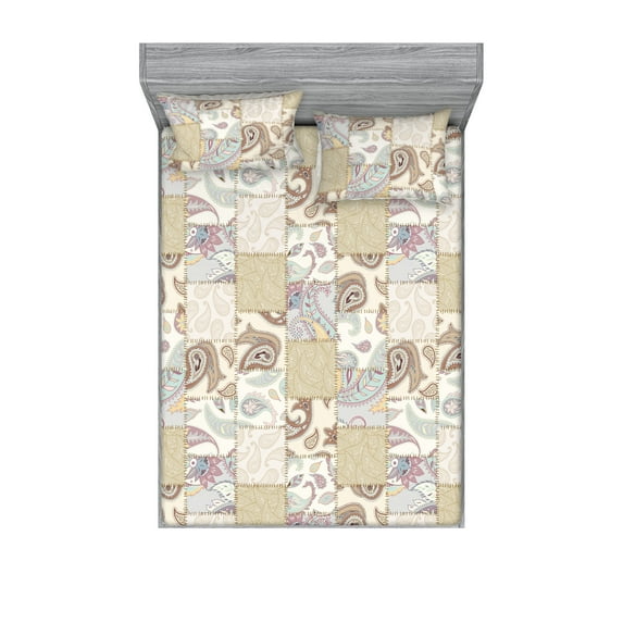 Floral Design Fitted Sheet & Pillow Sham Set, Contemporary Abstract Boho Feelings Dreamy Flowers Paisley Design, Decorative Printed 3 Piece Bedding Decor, King, Khaki Pale Ruby Ivory, by Ambesonne