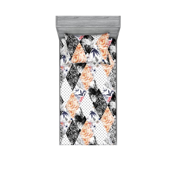 Floral Design Fitted Sheet & Pillow Sham Set, Contemporary Art Geometric Rose Pattern in Lozen Shapes Print, Decorative Printed 2 Piece Bedding Decor, Twin, White Charcoal Grey Amber, by Ambesonne