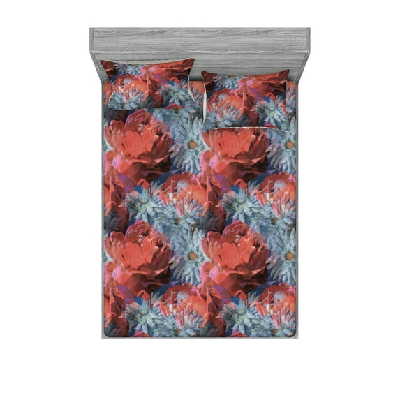 Floral Design Fitted Sheet & Pillow Sham Set, Dreamy Inspirations Gerbera and Rose Petals Boho Watercolor Art, Decorative Printed 3 Piece Bedding Decor, King, Dark Coral Almond Green, by Ambesonne