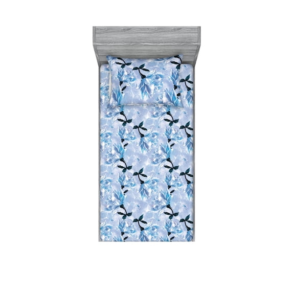 Floral Design Fitted Sheet & Pillow Sham Set, Dreamy Silhouettes of Blooming Rose with Leaves Boho Art, Decorative Printed 2 Piece Bedding Decor, Twin, Pale Ceil Blue and Dark Teal, by Ambesonne