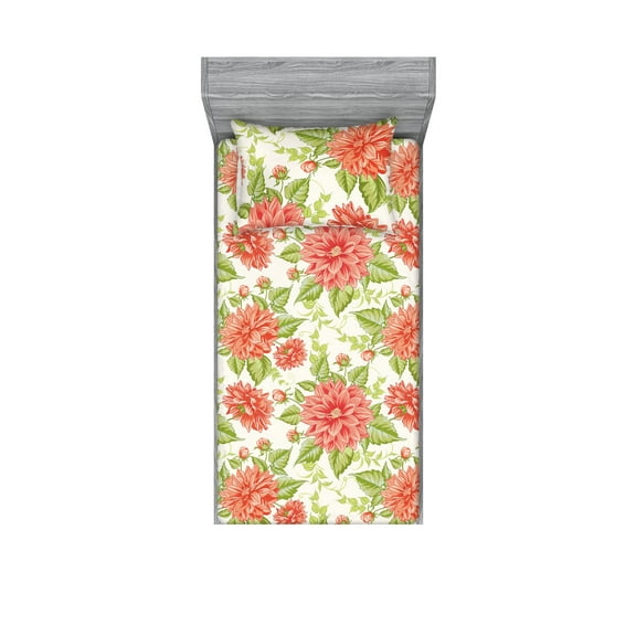 Floral Design Fitted Sheet & Pillow Sham Set, Garden Scene Flowers Vintage Neutral Colors Boho Chrysanthemum, Decorative Printed 2 Piece Bedding Decor, Twin, Dark Pink Pistachio Green, by Ambesonne