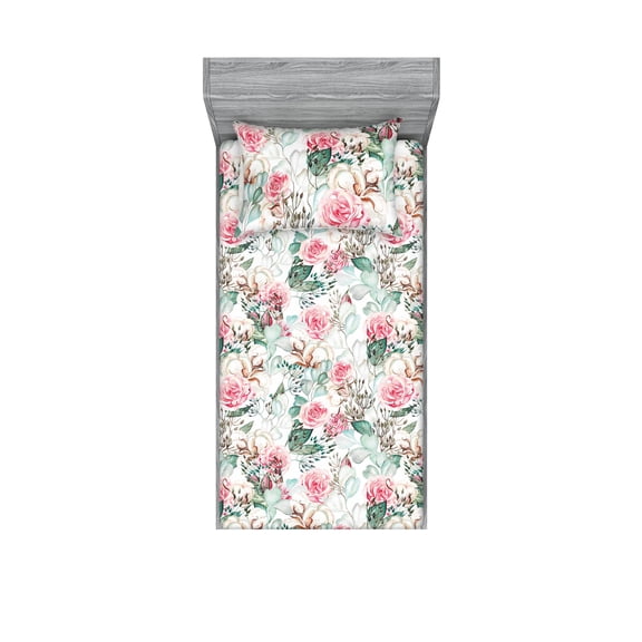 Floral Design Fitted Sheet & Pillow Sham Set, Garden Scene Illustration of Eucalyptus and Rose Pattern Vintage, Decorative Printed 2 Piece Bedding Decor, Twinxl, Pale Pink Mint Green, by Ambesonne