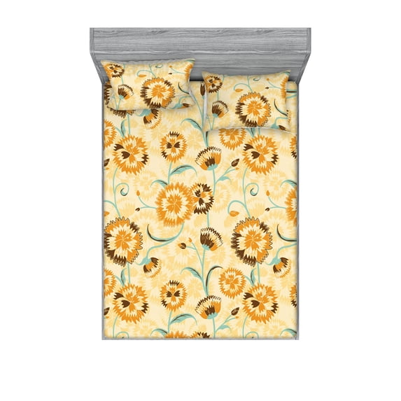 Floral Design Fitted Sheet & Pillow Sham Set, Geometric Design Summer Vibes Flowers with Simple Petals Romance Print, Decorative Printed 3 Piece Bedding Decor, King, Marigold Seafoam, by Ambesonne