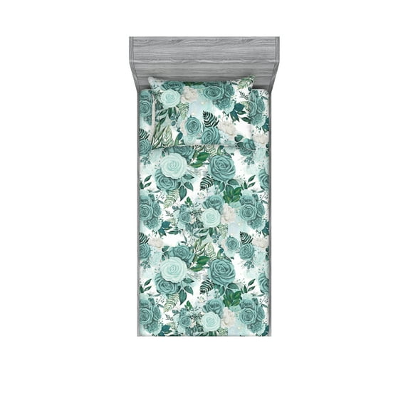 Floral Design Fitted Sheet & Pillow Sham Set, Greenish Tones Rose Flowers Vintage with Leafy Pattern Dreamy Aura, Decorative Printed 2 Piece Bedding Decor, Twin, Sea Green Mint Green, by Ambesonne
