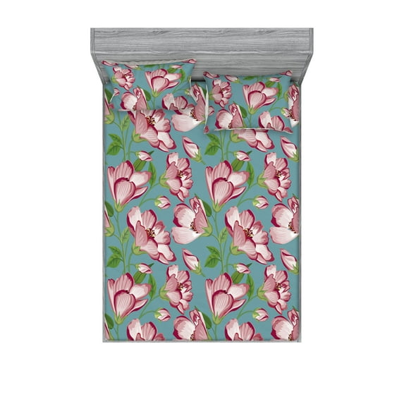 Floral Design Fitted Sheet & Pillow Sham Set, Modern Minimalist Flowers Vintage Pattern with Leaves Greenery, Decorative Printed 3 Piece Bedding Decor, Queen, Fern Green Pale Rose Rose, by Ambesonne