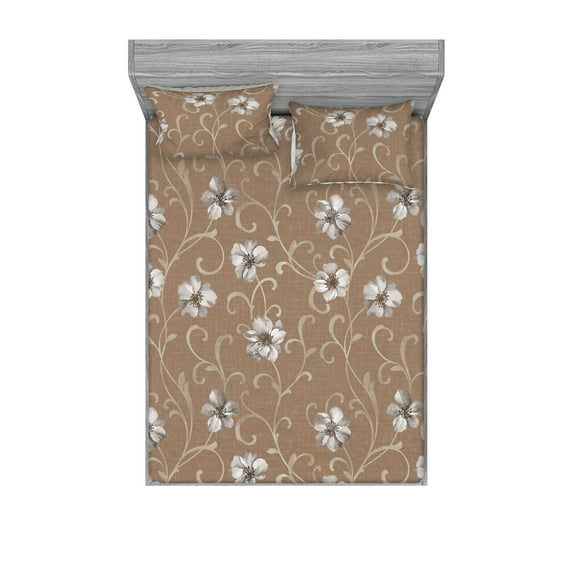 Floral Design Fitted Sheet & Pillow Sham Set, Modern Minimalist Springtime Garden Flowers Vintage Cottagecore Boho Art, Decorative Printed 3 Piece Bedding Decor, Full, Cocoa Pale Grey, by Ambesonne