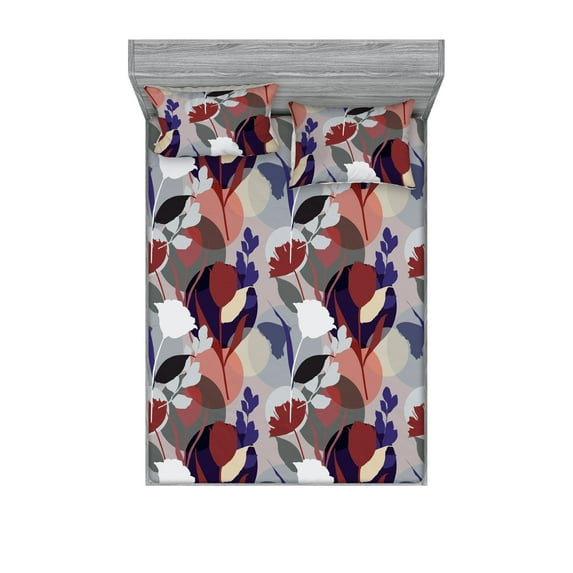 Floral Design Fitted Sheet & Pillow Sham Set, Modern Rose Flowers Silhouettes Abstract Jungle Vibes with Rounds, Decorative Printed 3 Piece Bedding Decor, Queen, Raspberry Quartz Coral, by Ambesonne