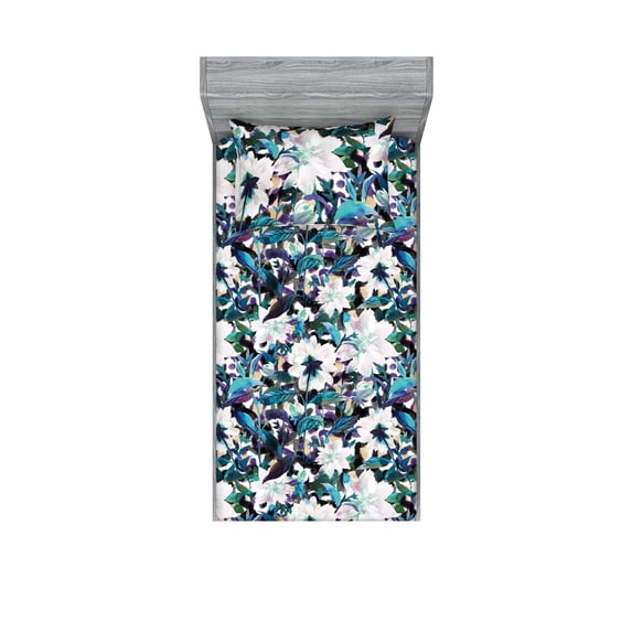 Floral Design Fitted Sheet & Pillow Sham Set, Modern Watercolor Garden Boho Stems and Asters Flowers Print, Decorative Printed 2 Piece Bedding Decor, Twinxl, Seafoam Off White Indigo, by Ambesonne