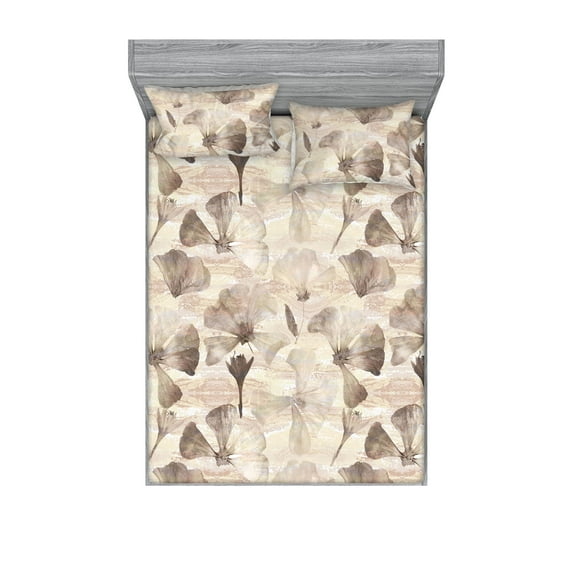 Floral Design Fitted Sheet & Pillow Sham Set, Neutral Boho Delicate Petals of Blooms with Grunge Waves Abstract Back, Decorative Printed 3 Piece Bedding Decor, Full, Taupe Warm Taupe, by Ambesonne