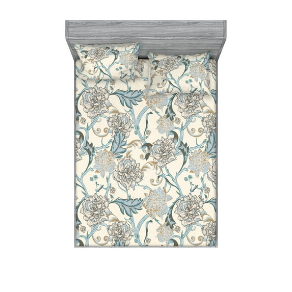 Floral Design Fitted Sheet & Pillow Sham Set, Neutral Colors Boho Flowers Vintage Art and Leaves Greenery Print, Decorative Printed 3 Piece Bedding Decor, Queen, Cream Pale Azure Blue, by Ambesonne