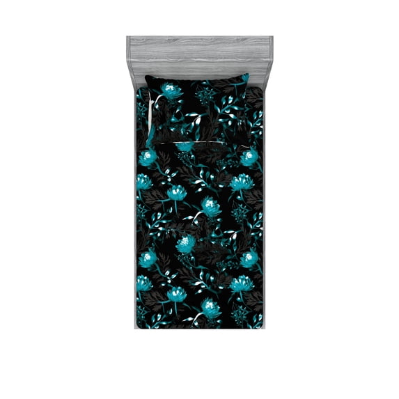 Floral Design Fitted Sheet & Pillow Sham Set, Night Theme Nautical Colors Flowers Vintage with Leafy Silhouettes, Decorative Printed 2 Piece Bedding Decor, Twin, Dark Seafoam Dark Tan, by Ambesonne