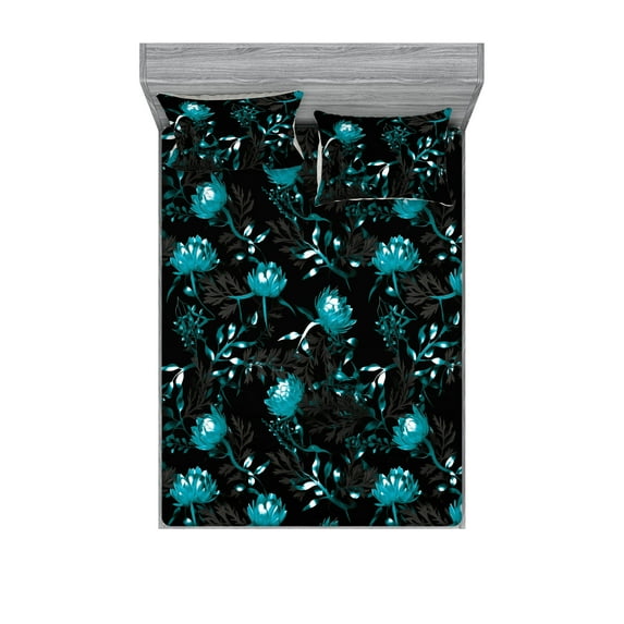 Floral Design Fitted Sheet & Pillow Sham Set, Night Theme Nautical Colors Flowers Vintage with Leafy Silhouettes, Decorative Printed 3 Piece Bedding Decor, Calking, Dark Seafoam Dark Tan, by Ambesonne