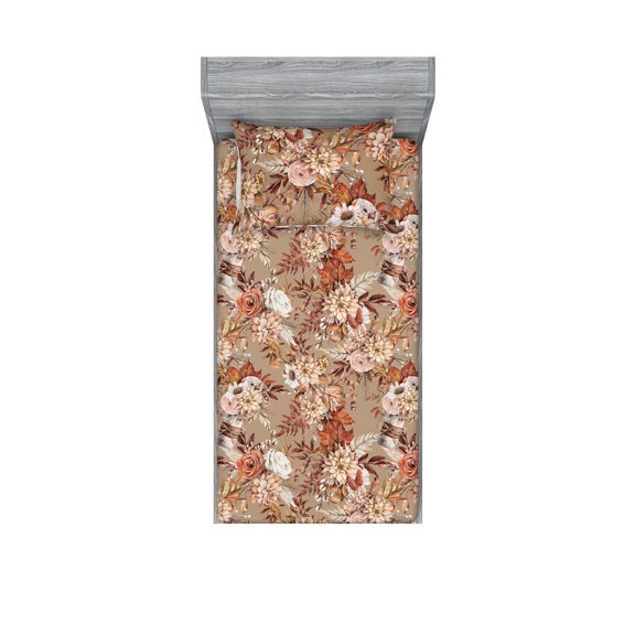 Floral Design Fitted Sheet & Pillow Sham Set, Nostalgic Vibes Flowers Boho in Pots Pattern Neutral Pallete Print, Decorative Printed 2 Piece Bedding Decor, Twin, Vermilion Cream Camel, by Ambesonne