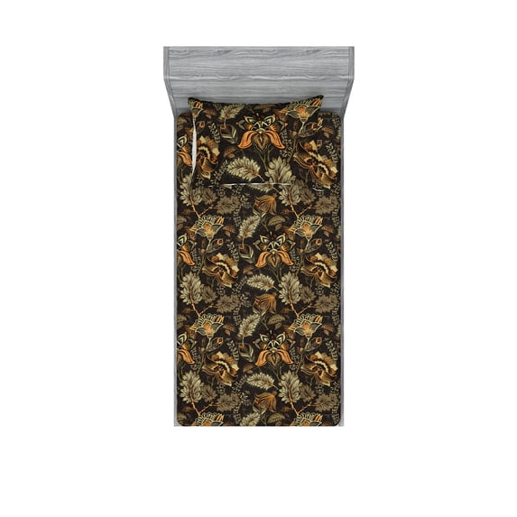 Floral Design Fitted Sheet & Pillow Sham Set, Paisley Inspirations Flowers Vintage with Leaves Greenery Print, Decorative Printed 2 Piece Bedding Decor, Twin, Pistachio Green Marigold, by Ambesonne