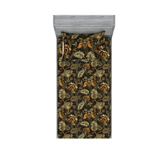 Floral Design Fitted Sheet & Pillow Sham Set, Paisley Inspirations Flowers Vintage with Leaves Greenery Print, Decorative Printed 2 Piece Bedding Decor, Twin, Pistachio Green Marigold, by Ambesonne