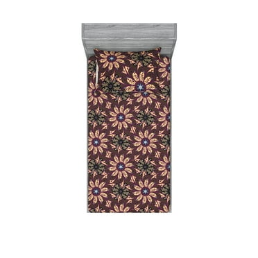 Floral Design Fitted Sheet & Pillow Sham Set, Psychedelic Dreamy Pattern of Blooming Design Floral Boho Print, Decorative Printed 2 Piece Bedding Decor, Twin, Green Brown Mustard Tan, by Ambesonne