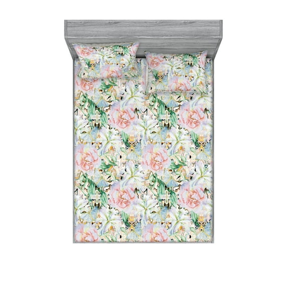Floral Design Fitted Sheet & Pillow Sham Set, Psychedelic Inspirations Dreamy Rose and Lilac with Leaves Greenery, Decorative Printed 3 Piece Bedding Decor, King, Jade Green Pale Pink, by Ambesonne