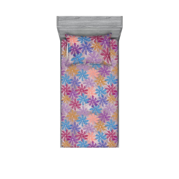 Floral Design Fitted Sheet & Pillow Sham Set, Psychedelic Vibes Flowers Vintage Watercolor Drawn on Grunge Back, Decorative Printed 2 Piece Bedding Decor, Twin, Violet Deep Sky Blue, by Ambesonne