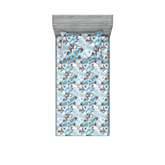 Floral Design Fitted Sheet & Pillow Sham Set, Retro Drawings of Spring Feels Flowers Boho with Neutral Leaves, Decorative Printed 2 Piece Bedding Decor, Twin, Deep Sky Blue Pale Grey, by Ambesonne