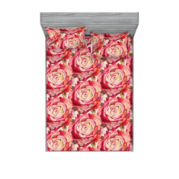 Floral Design Fitted Sheet & Pillow Sham Set, Retro Watercolor Rose Pattern with Delicate Aura Petals Print, Decorative Printed 3 Piece Bedding Decor, Calking, Dark Coral Peacock Green, by Ambesonne