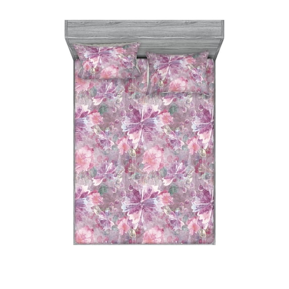 Floral Design Fitted Sheet & Pillow Sham Set, Romance Inspirations Grunge Looking Flowers Abstract Boho Print, Decorative Printed 3 Piece Bedding Decor, Full, Dark Magenta Pale Pink, by Ambesonne