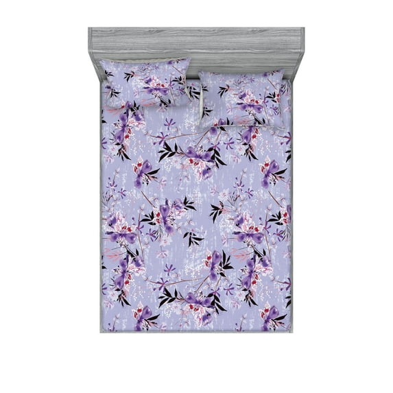 Floral Design Fitted Sheet & Pillow Sham Set, Romantic Colors Boho Composition of Jungle Blooms and Leaves, Decorative Printed 3 Piece Bedding Decor, Queen, Pale Purple Pastel Purple, by Ambesonne