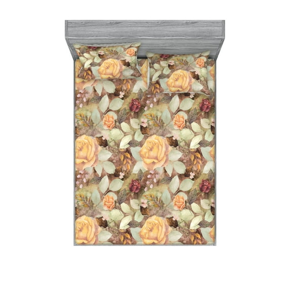 Floral Design Fitted Sheet & Pillow Sham Set, Romantic Garden Scene Rose Flowers Boho with Muted Colors Print, Decorative Printed 3 Piece Bedding Decor, Full, Pistachio Green Mustard, by Ambesonne