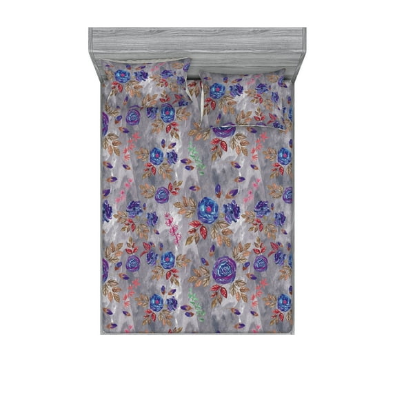 Floral Design Fitted Sheet & Pillow Sham Set, Simple Boho Flowers with Autumnal Leafy Pattern on Grunge Back, Decorative Printed 3 Piece Bedding Decor, Calking, Dark Lavender Taupe Grey, by Ambesonne