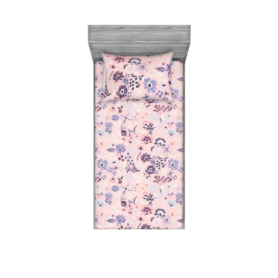 Floral Design Fitted Sheet & Pillow Sham Set, Springtime Themed Simple Sketch Flowers Boho Dreamy Nature Print, Decorative Printed 2 Piece Bedding Decor, Twinxl, Rose Lavender Maroon, by Ambesonne