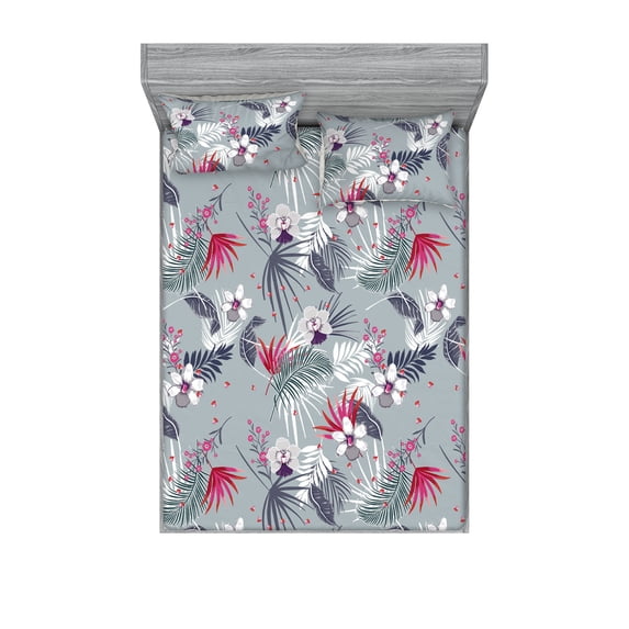 Floral Design Fitted Sheet & Pillow Sham Set, Tropical Themed Neutral Colors Boho Flowers Vintage with Leafy Art, Decorative Printed 3 Piece Bedding Decor, King, Dark Coral Pale Grey, by Ambesonne