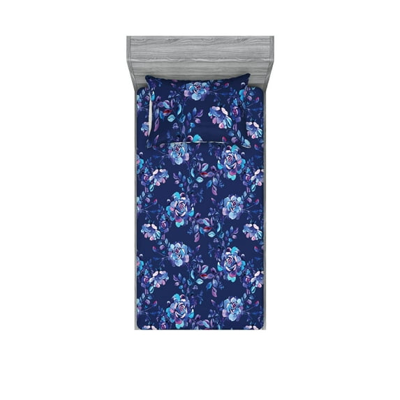 Floral Design Fitted Sheet & Pillow Sham Set, Watercolor Dreamy Flowers Boho Garden in Abstract Inverted Colors, Decorative Printed 2 Piece Bedding Decor, Twinxl, Indigo Sky Blue Violet, by Ambesonne
