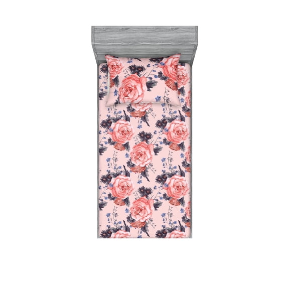 Floral Design Fitted Sheet & Pillow Sham Set, Watercolor Style Delicate Rose Flowers Boho Garden Scene Print, Decorative Printed 2 Piece Bedding Decor, Twin, Coral Blush Dark Lavender, by Ambesonne