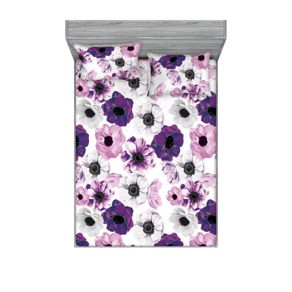 Floral Design Fitted Sheet & Pillow Sham Set, Watercolor Vibes Garden Scene Flowers with Petals on Plain Back, Decorative Printed 3 Piece Bedding Decor, King, Pale Pink Pale Grey Plum, by Ambesonne