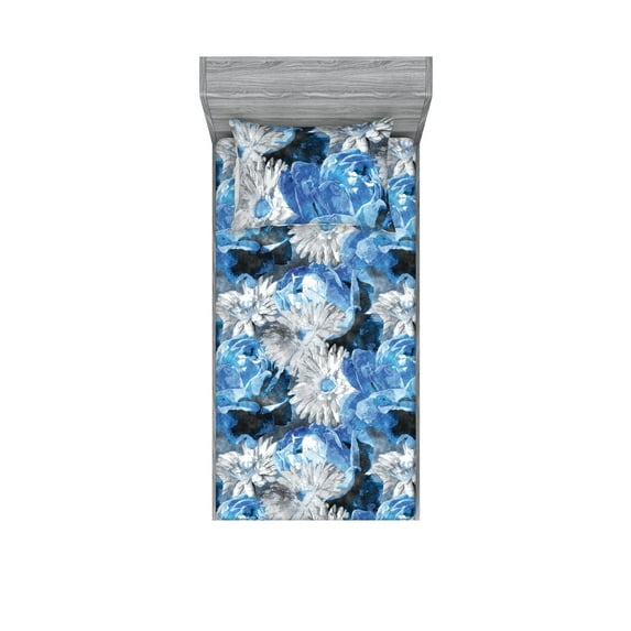 Floral Design Fitted Sheet & Pillow Sham Set, Winter Colors Watercolor Gerbera Pattern Grunge Design Boho Print, Decorative Printed 2 Piece Bedding Decor, Twin, Pale Grey Cobalt Blue, by Ambesonne
