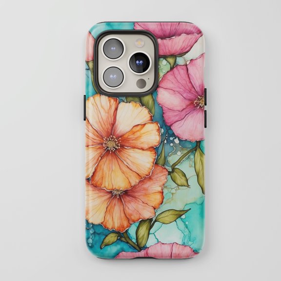 Floral Design For All iPhone Series Protective Phone Case Alcohol Ink Teal Pink Orange