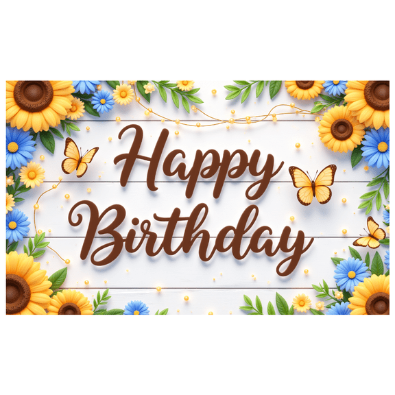 Floral Design Happy Birthday Banner Decorative Sunflower Butterfly Backdrop for Celebration Spring Party Outdoor Event