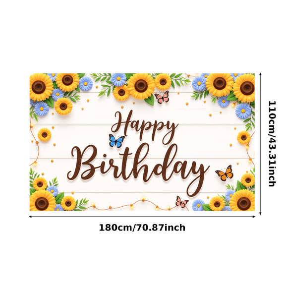 Floral Design Happy Birthday Banner Decorative Sunflower Butterfly Backdrop for Celebration Spring Party Outdoor Event