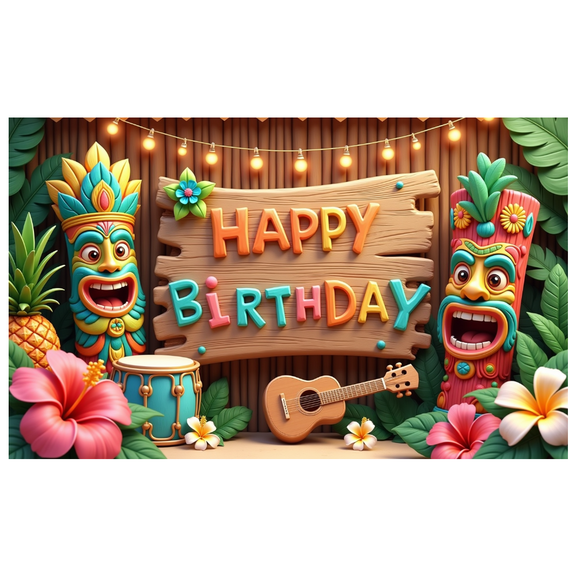 Floral Design Happy Birthday Banner Decorative Tiki Mask for Tropical Party Celebration Photo Shoot Event Decoration