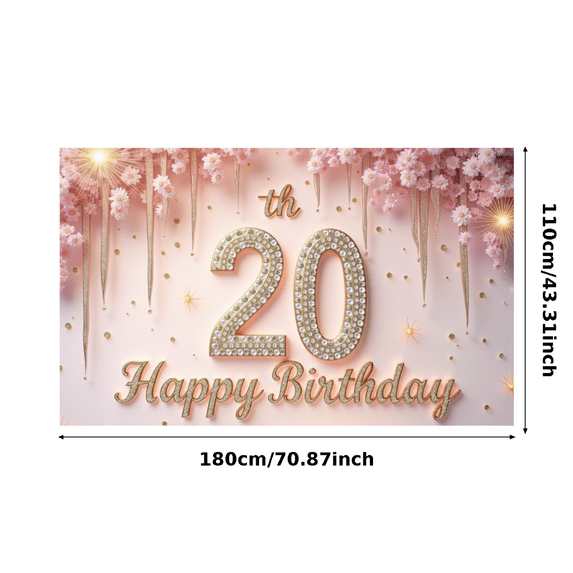 Floral Design Happy Birthday Banner Milestone Celebration Decorative 20th Birthday Party Backdrop for Indoor Party Outdoor Celebration Event Decor