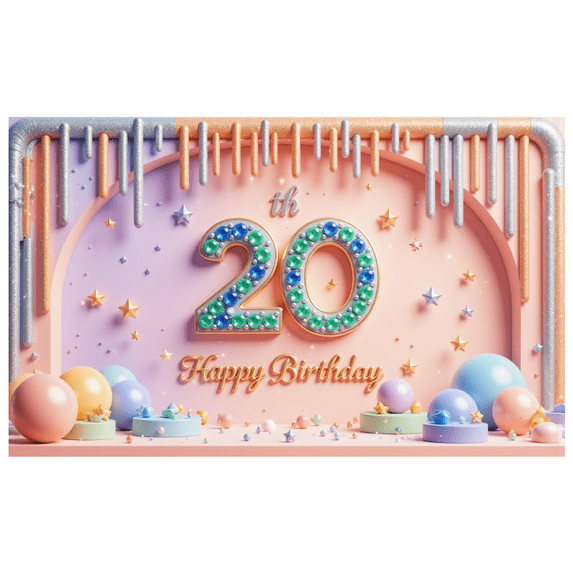 Floral Design Happy Birthday Banner Milestone Celebration Decorative 20th Birthday Party Backdrop for Indoor Party Outdoor Celebration Event Decor