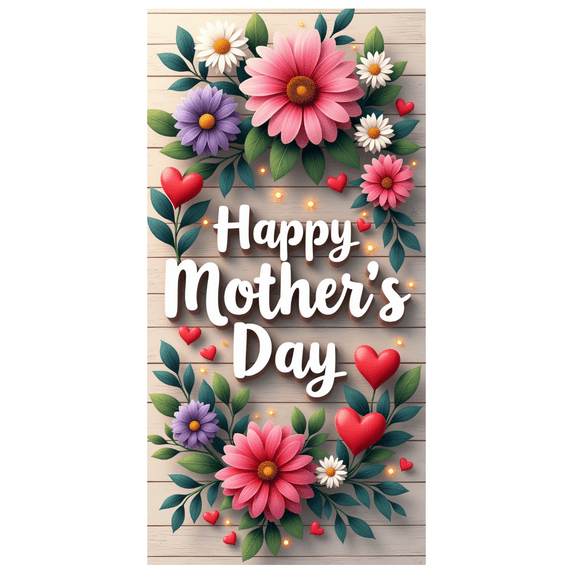 Floral Design Happy Mother's Day Banner Decorative Flowers Heart Icons for Mother Celebration Family Gathering Spring Decor