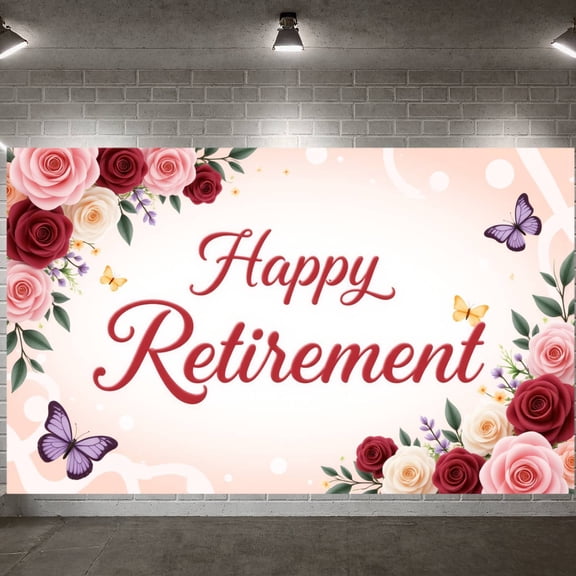 Floral Design Happy Retirement Banner Butterfly Accent Retirement Backdrop Pink Red Roses Celebration Banner for Retirement Party Office Celebration Family Gathering