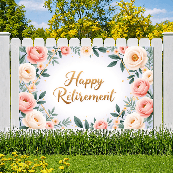 Floral Design Happy Retirement Banner Decoration Rose Pattern Party Backdrop for Retirement Celebration Indoor Event Decoration