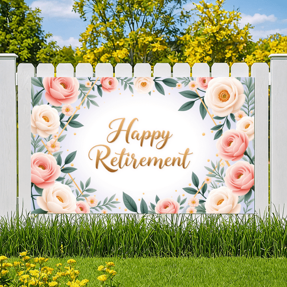 Floral Design Happy Retirement Banner Decoration Rose Pattern Party Backdrop for Retirement Celebration Indoor Event Decoration