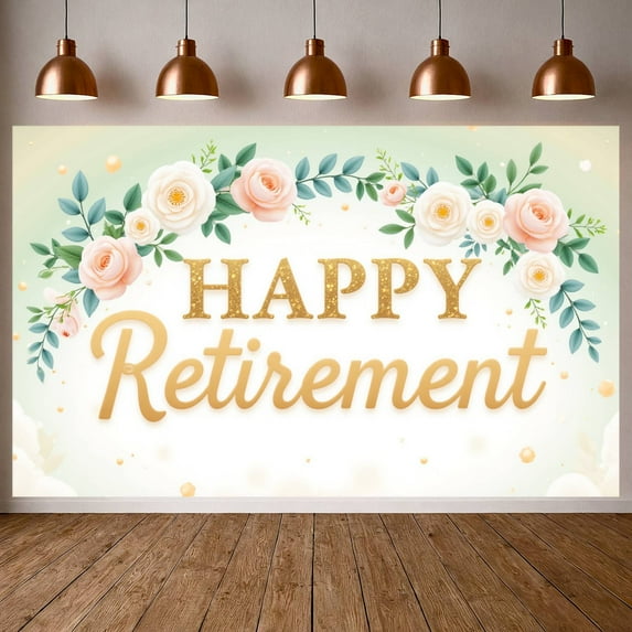 Floral Design Happy Retirement Banner Golden Glitter Retirement Backdrop Pink Roses White Roses Retirement Display for Retirement Party Farewell Celebration Photo Shoot