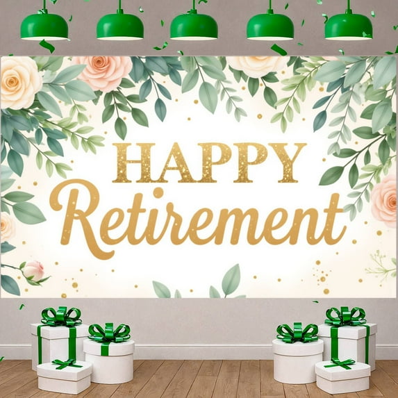 Floral Design Happy Retirement Banner Golden Glitter Retirement Backdrop Pink Roses White Roses Retirement Display for Retirement Party Farewell Celebration Photo Shoot
