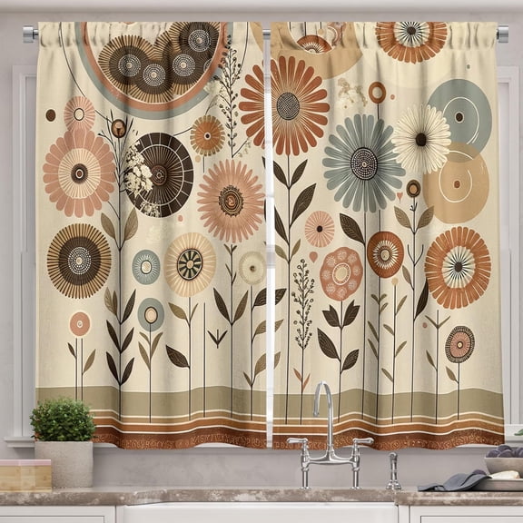 Floral Design Kitchen Curtains, Geometric Look Traditional Flowery with Leaves Oriental Detail, Window Drapes 2 Panel Set for Kitchen Cafe Decor, 55" x 36", Eggshell Rust and Sepia